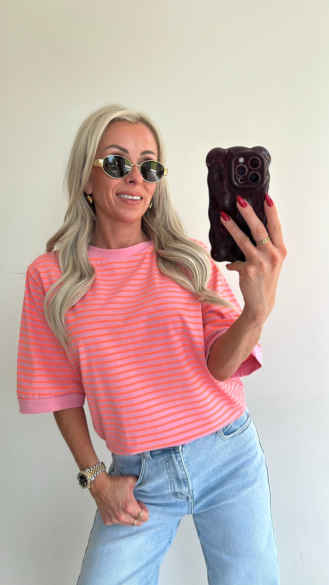 STRIPIE T-shirt - pink/fluo orange