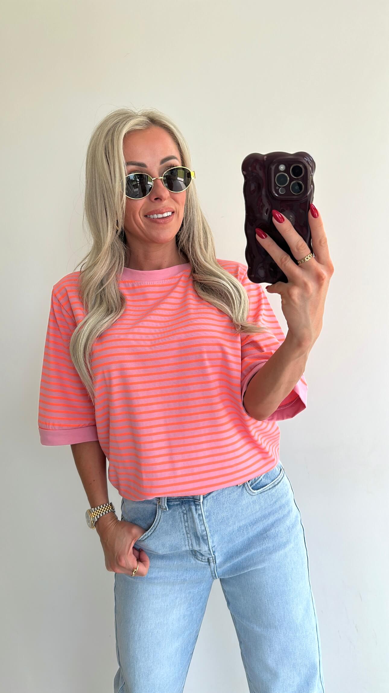 STRIPIE T-shirt - pink/fluo orange