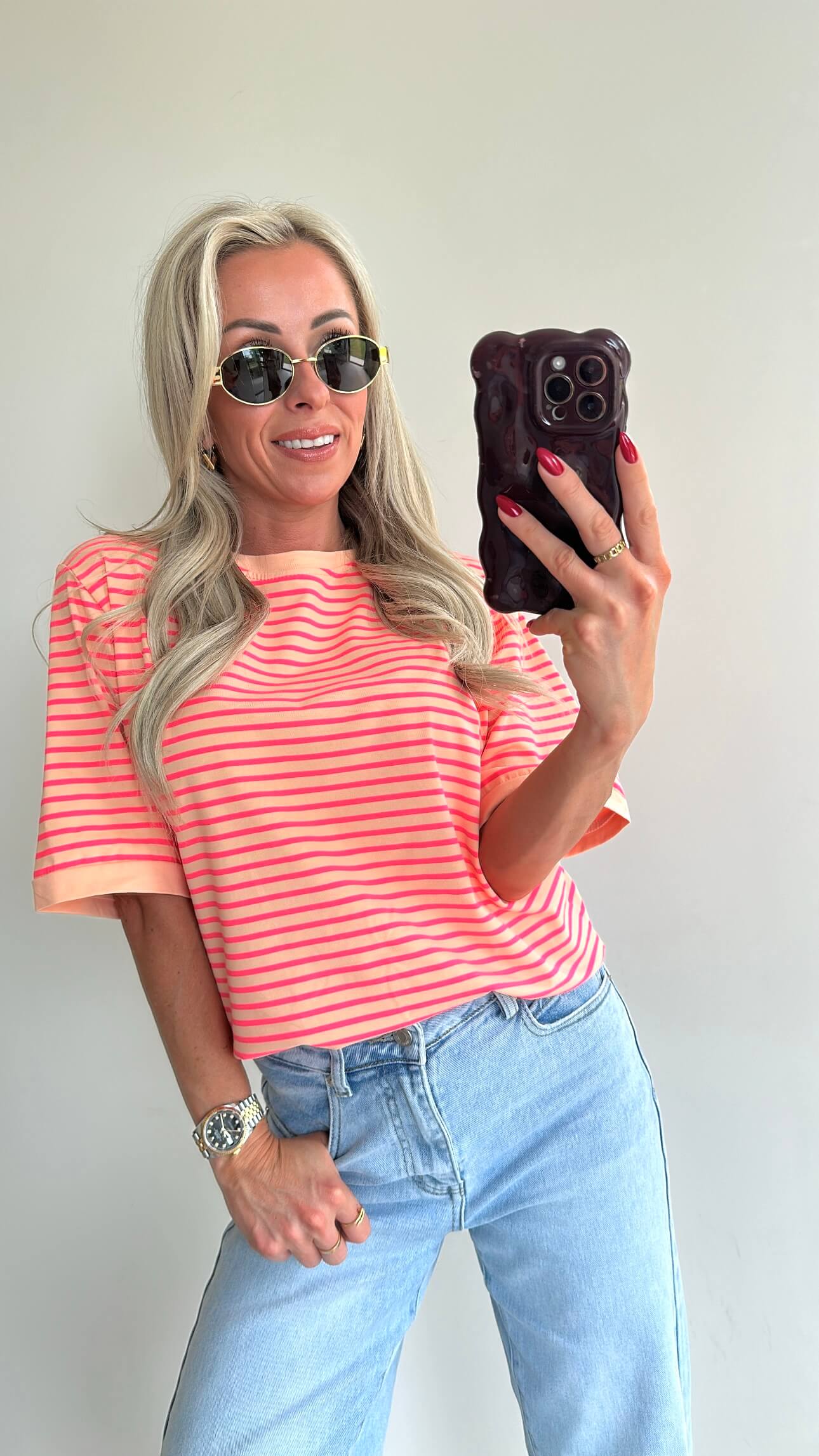STRIPIE T-shirt - peach/fluo pink