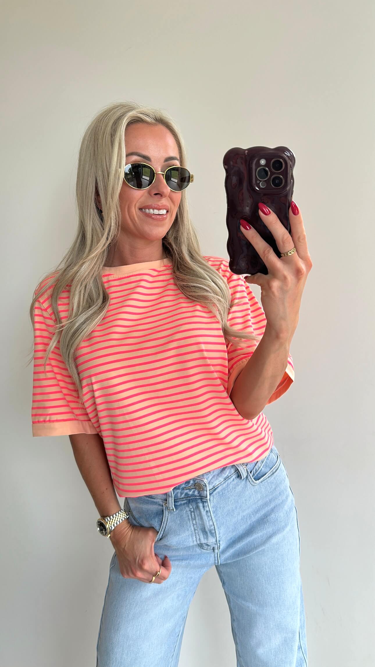 STRIPIE T-shirt - peach/fluo pink